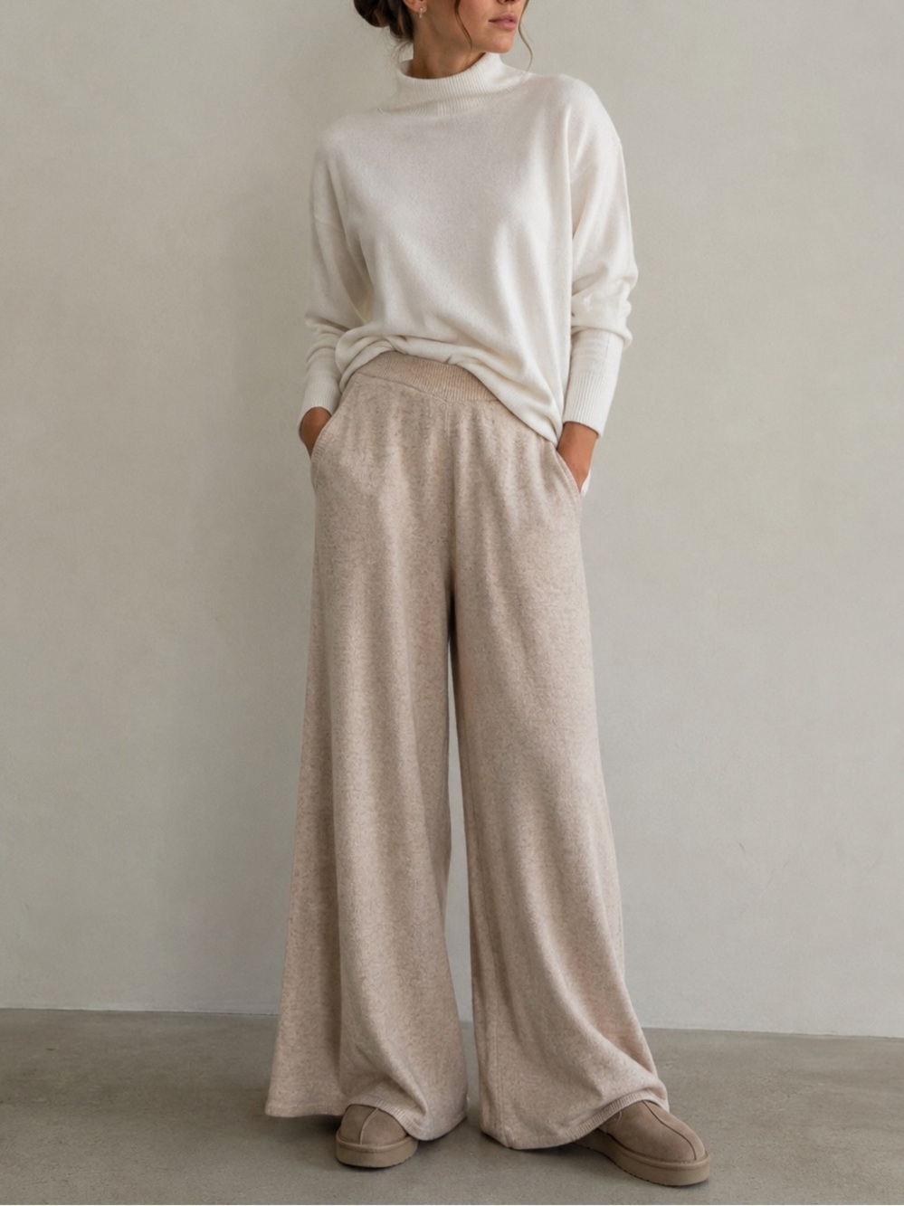 Nordstrom 100% Cashmere Wide Leg Knit Pants Oatmeal Beige XS